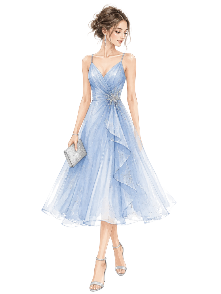 Vestido midi semiformal azul empolvado para mujer